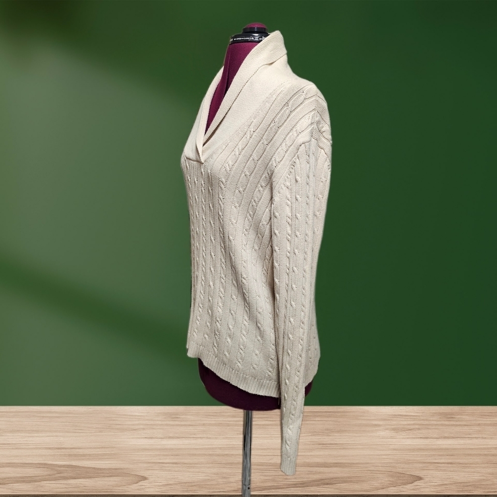 Charter Club Shawl Collar Cable Knit Pullover Sweater Beige Long Sleeve Cotton - Picture 4 of 14